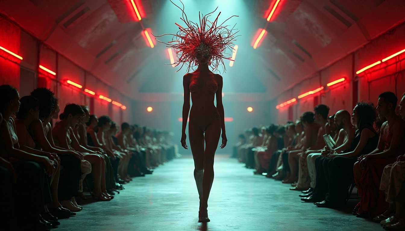 Naked supermodels walking the catwalk towards the camera, In a grand, brightly lit theater, a fashion show unfolds where the audience is left in stunned silence by the outrageous headgear parading down the runway. The totally naked models wear avant-garde hats that defy convention, chaotic, dazzling patterns that dance across the walls and ceiling.  interwoven neon tubes, casting a surreal, otherworldly glow. towering headdress, flickering ominously yet controlled, liquid metal, rippling as she moves. The theater lights alternate between deep reds, electric blues, and eerie greens, heightening the otherworldly atmosphere and adding a dramatic flair to the spectacle that leaves the audience both mesmerized and bewildered.