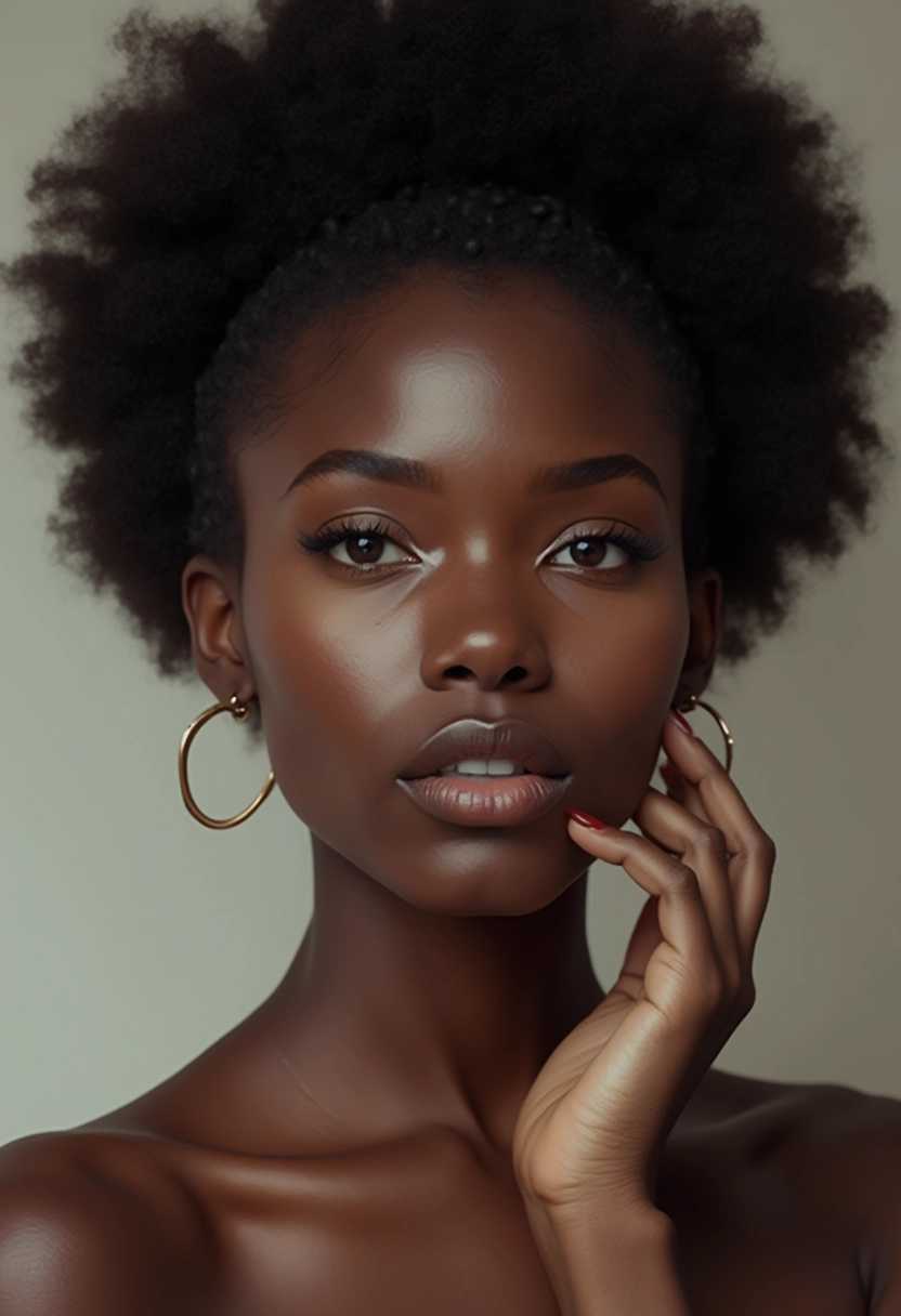 "Hyper-realistic portrait of an African woman, highlighting detailed skin texture, natural hair, and expressive eyes. Set against a neutral background to emphasize her features. Ensure the depiction is respectful and captures her grace and individuality."