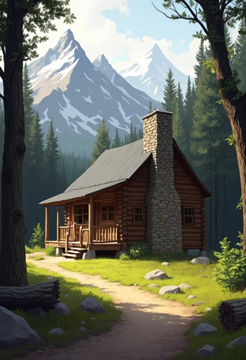 This image is a digital painting that captures a serene and picturesque scene of a log cabin nestled in a forested area with majestic mountains in the background. The art style is realistic with a touch of impressionism, evident in the use of light and shadow to create depth and atmosphere.The medium appears to be digital painting software, as the brush strokes and textures are smooth and consistent, without the irregularities that might be present in traditional mediums like oil or acrylic paints.The colors in the image are rich and vibrant, with a harmonious blend of earthy browns, greens, and grays. The cabins logs are a deep, rich brown, while the roof is a dark gray, giving the structure a sense of solidity and age. The surrounding forest is depicted in varying shades of green, with the tallest trees appearing almost black against the lighter foliage. The mountains in the distance are a mix of grays and whites, with the snowcapped peaks catching the light and creating a sense of grandeur.Objects in the image include the log cabin itself, with its prominent chimney made of stacked stones. The cabin has a welcoming porch with a simple wooden railing and steps leading up to the front door. There are several windows on the cabin, with one on the porch and others on the main body of the cabin. The cabin is surrounded by a variety of trees, including evergreens and deciduous species, with some branches reaching out towards the cabin. In the foreground, there is a dirt path leading to the cabin, bordered by grass and small shrubs. There are also several rocks and fallen tree trunks scattered along the path, adding to the rustic feel of the scene.