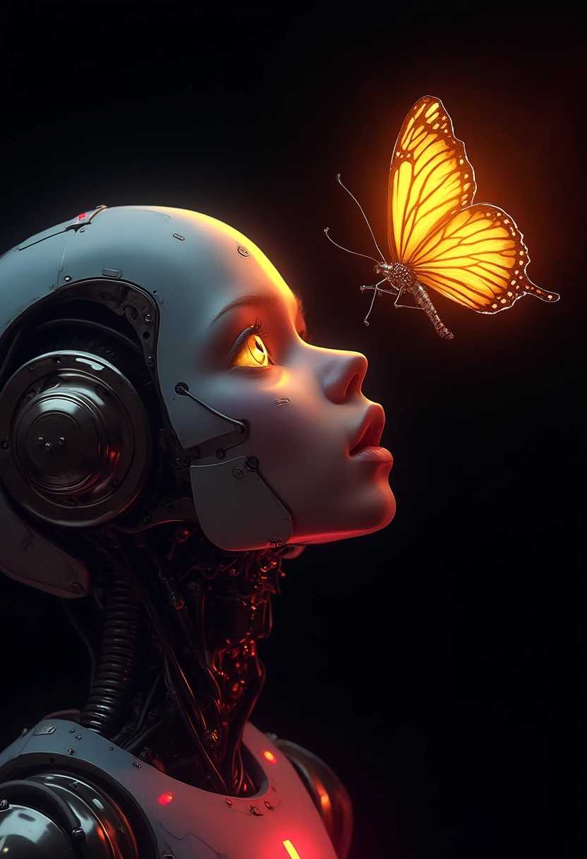A striking illustration of a robot's face, illuminated by a soft red light, captivated by a radiant butterfly hovering above it. The robot's metallic features are intricately detailed, and its large, expressive eyes convey a sense of wonder and curiosity. The butterfly, with its vibrant yellow wings adorned with intricate patterns, emits a luminescent glow. The background is a deep, inky black, accentuating the contrast between the butterfly and the robot, and creating a mysterious, cinematic atmosphere., cinematic, vibrant, photo, illustration