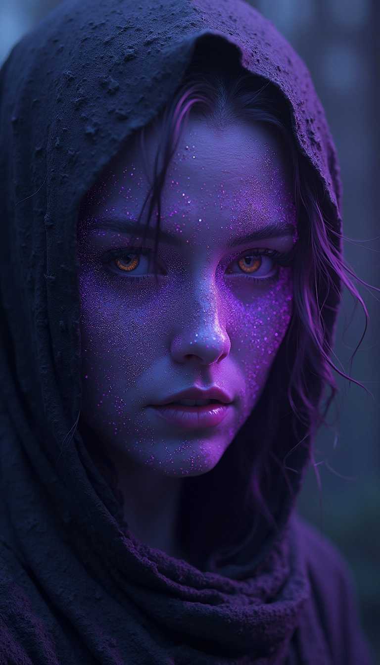 A symmetric portrait of a female, evil cursed necromancer, features dissolving into curse magic thin, luminescent purple lines. Weighted Voronoi stippling and laser caustics create a network, transitioning from hyperrealistic detail to abstract, quantum-inspired forms. Ethereal hues blend, evoking existential transition and mystery. Close-up on face, evil skull partially visible. Set against a twilight cursed backdrop, toxic winds ripple through his tattered robes. Rendered in a fusion of photorealism and digital surrealism, the scene is illuminated by ghostly Northern Lights. Emphasis on darkness, menacing atmosphere, invoking Nordic myths