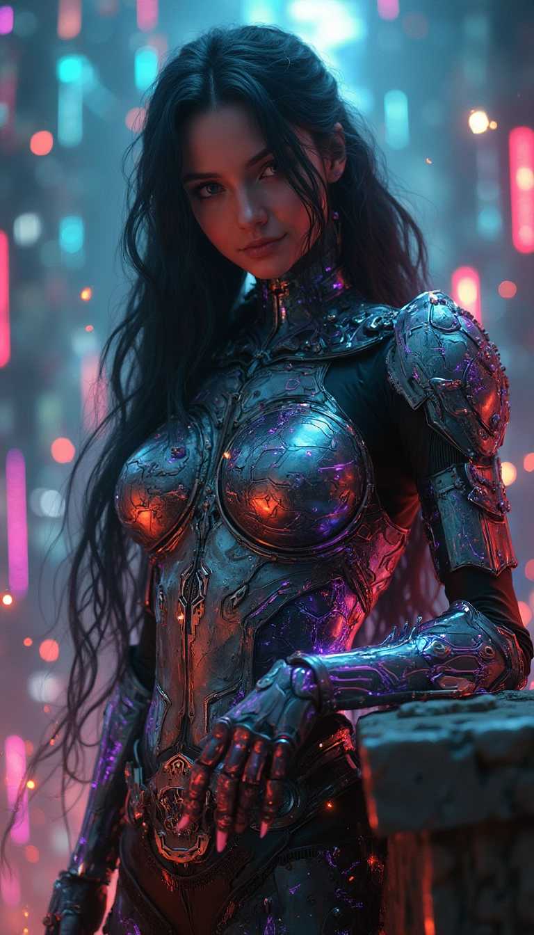A fierce female warrior with long, flowing black hair, her armor etched with glowing rainbow colored circuits, lining strip of RGB led lighting  and electronic chip, stands in the heart of a digital nexus. leaning on object, head slightly tilt, looking at viewer smilng, long fingernails, fingerless gauntlet, Surrounding her is a vortex of luminous circuitry, casting intricate patterns of light on her armor. The scene is rendered with photorealistic detail, the lighting capturing the interplay between the metallic textures and the pulsating rainbow colored energy energy of the digital backdrop.
3d render in unreal engine