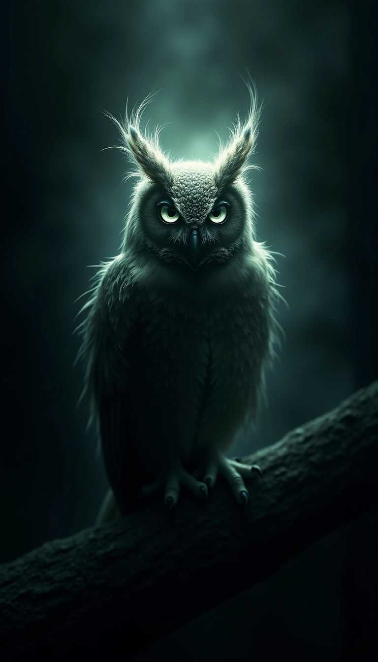 A mesmerizing dark fantasy illustration of a sinister, radiant owl creature. The silhouette of the owl is dramatically highlighted against a pitch-black background, with its fur glowing ominously in a chilling supernatural light. This light accentuates the beak, ears, and facial contours of the owl, giving it a menacing appearance. The ethereal glow from the light source creates a haunting ambiance, with the contrast between the light and dark areas heightening the overall atmosphere. This mysterious and enchanting scene invites the viewer to delve into the depths of fantasy and wonder that lie within, capturing the essence of dark fantasy art., dark fantasy