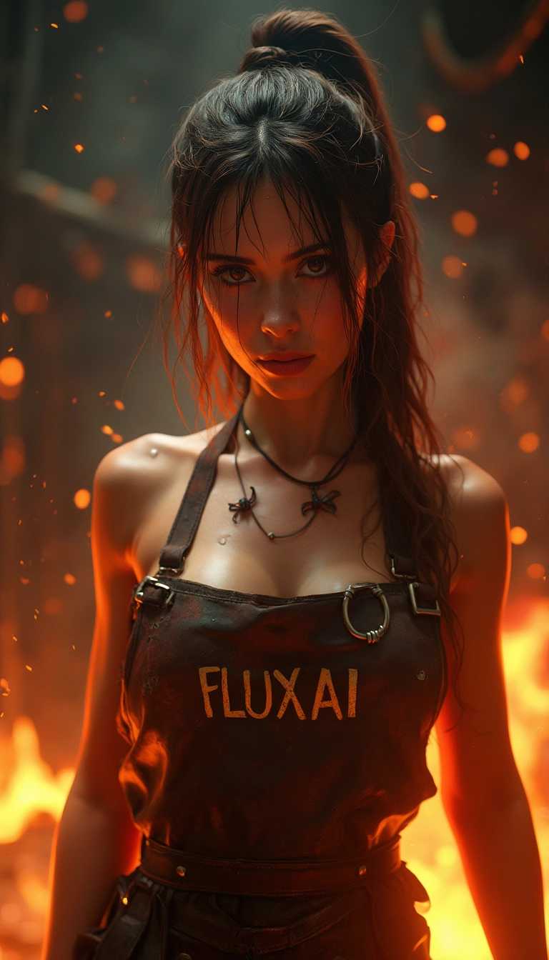 A very hot sweaty girl, dripping sweat, huge chest, blacksmith, wearing a leather apron with ""FLUX AI" written on it, fire particles flicker and glow