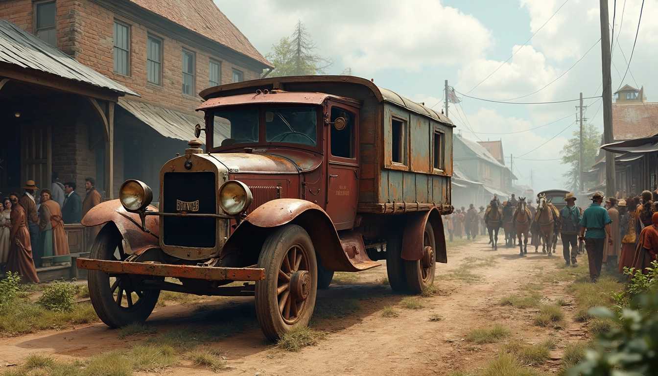 Create an image of an old distillery delivery truck from 1800's. Make it look weathered and rustic. Make sure to add mud and dirt to the wheels. Add a horse-drawn carriage nearby. add a bustling crowd of people around the distillery