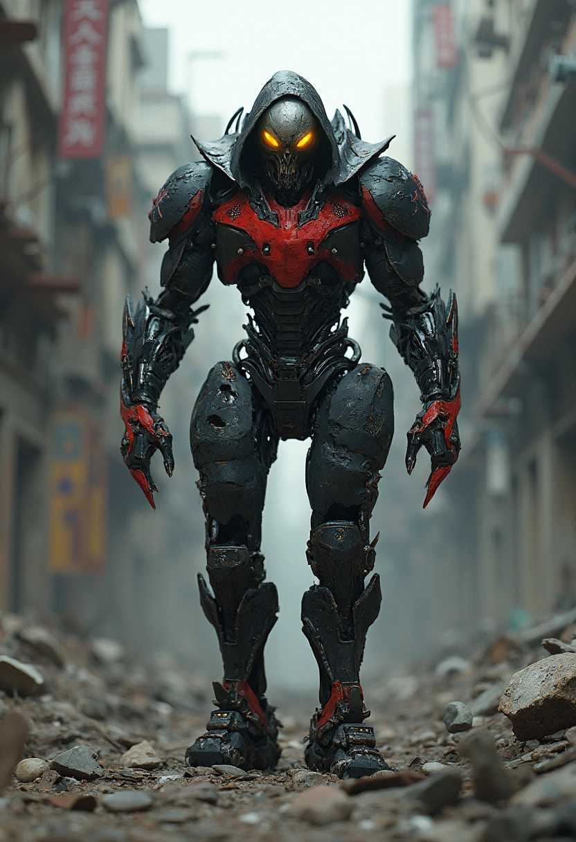 Create an ultra-realistic image of a futuristic robot with a skull-like face and hood in a ruined urban setting. The black and red metallic robot features glowing yellow eyes, agile limbs with articulated joints and retractable blades, and stands in a dynamic pose amid crumbling buildings and debris.
