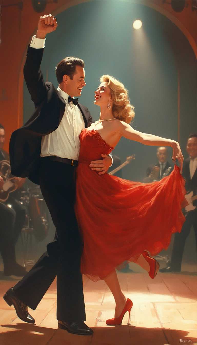 Poster-style illustration from the 1950s titled "Glorious Fifties". The poster depicts a male-female duo dressed in typical 1950s evening attire, makeup, and hairstyles. They are energetically performing acrobatic rock'n'roll dance moves with wild enthusiasm in a dance hall. In the center of the image, spotlights shine on them. The duo is in full action, striking dynamic and expressive poses that showcase their passion and energy. In the background, musicians are playing music.