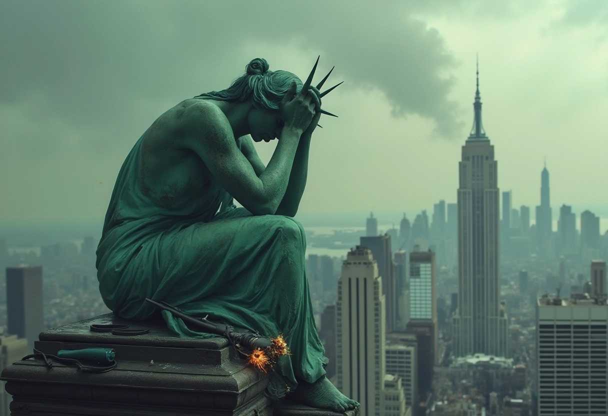 Statue of Liberty sitting on her pedestal holding both her hand on her head in anguish and pain. The torch fallen on the ground beside her. Background a dystopian New York City