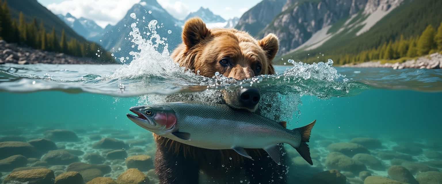 create a photo of a grizzly bear catching a salmon in its mouth, with a split view half above and half under the water. The top half shows splashes of water above the surface and the bottom half shows the effect of bubbles caused by movement underwater. Colorful river stones are visible at the bottom. Rocky mountain in the background. hd, 64k