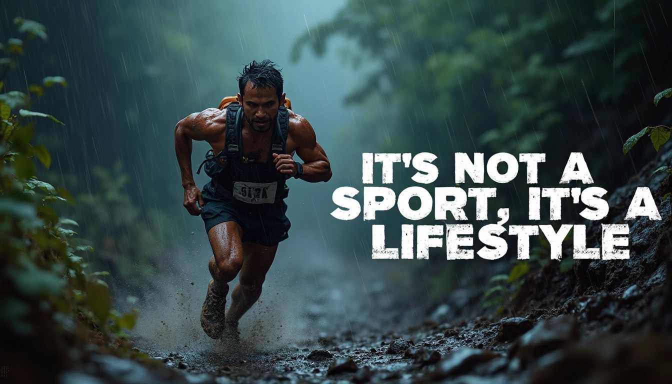 Dynamic photo of an Asian trail runner ascending a steep hill on a muddy path in the middle of a heavy rainstorm, captured from a top-down perspective from the front. The steepness of the hill is emphasized, highlighting the runner's intense struggle and determination. The muddy path is slick and treacherous, with rain splashing and cascading around the runner. The atmosphere is dark and charged with electricity, with heavy raindrops streaking through the frame, reflecting in the dim light. The runner's expression shows sheer grit, with muscles straining, clothes soaked through, and mud splattered up the legs. In the foreground on the right, bold white text reading "It's not a sport, It's a lifestyle" occupies an entire third of the frame, creating a powerful visual statement. The overall composition combines dynamic action and drama with a motivational message, captured with sharp focus, high contrast, and intense detail, encapsulating the spirit of trail running in extreme conditions.