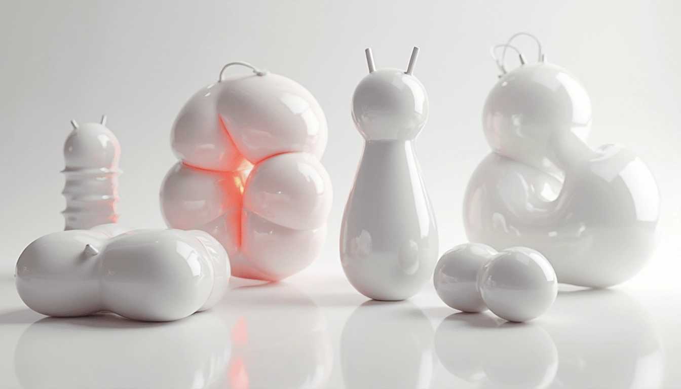 modern erotic art objects made of plastic on a white shiny surface