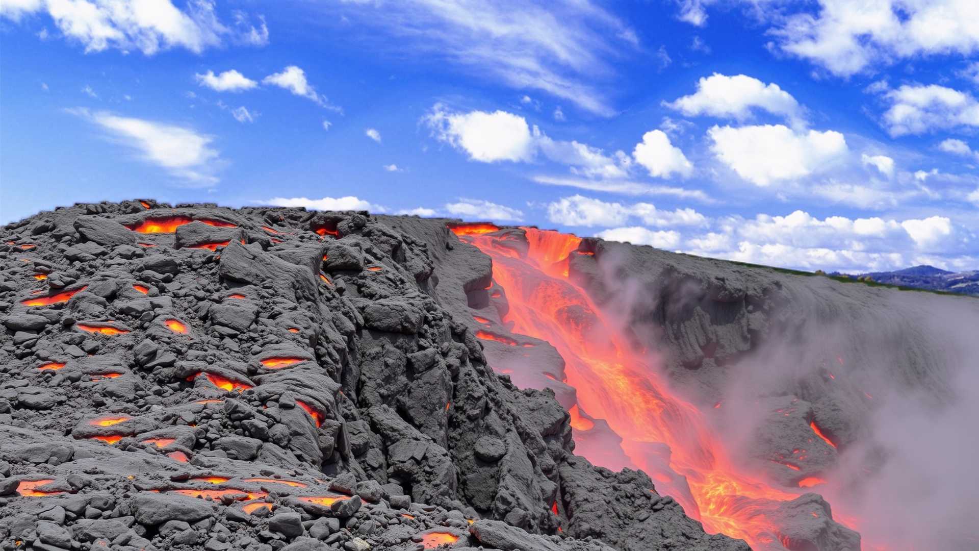 Vivid Lava Flow cascading over a rugged volcanic landscape