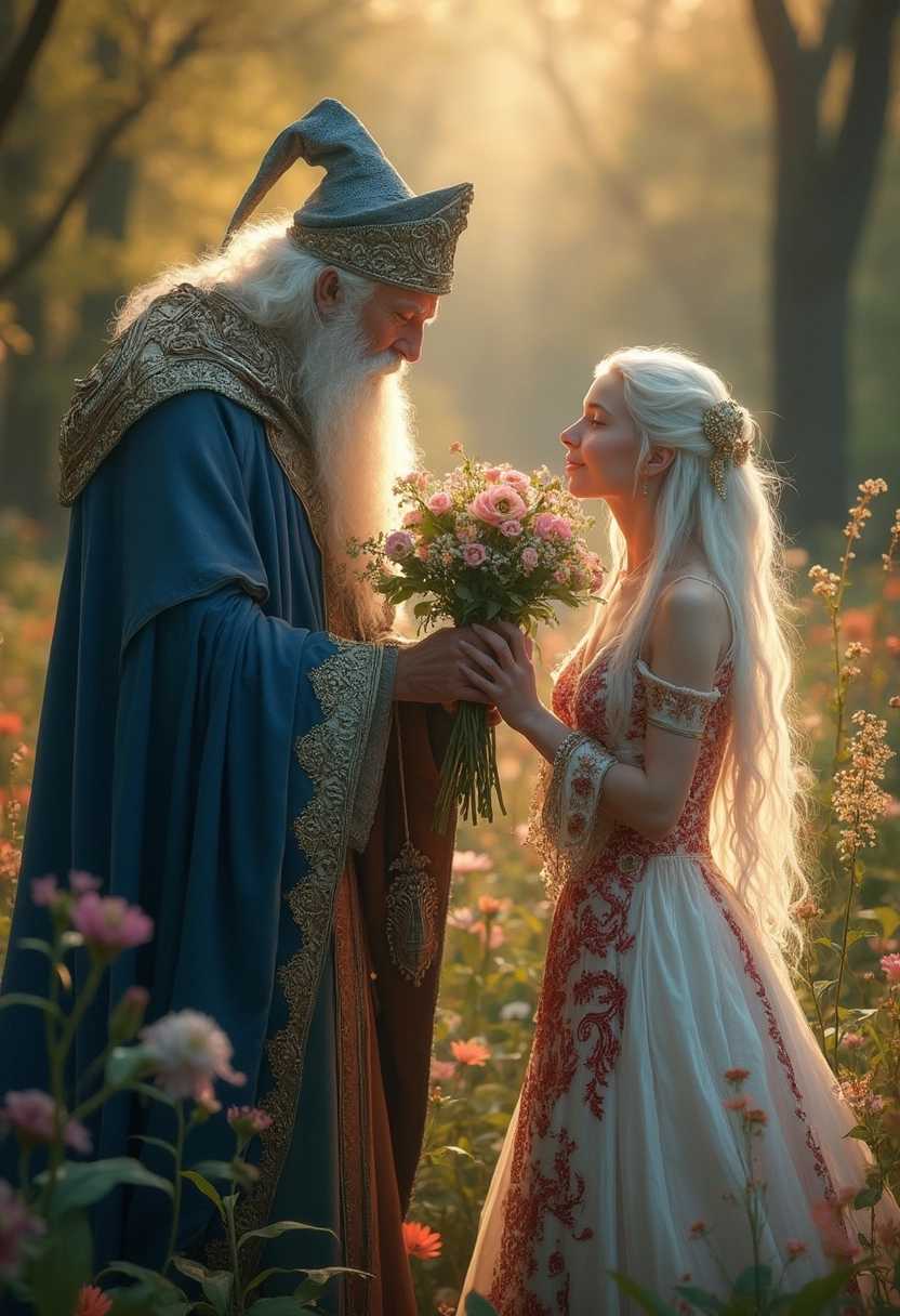 In a magical woodland clearing, a wise old wizard, dressed in elaborate robes of deep blues and silvers, offers a bouquet of blooming flowers to a stunning young princess. The princess, with radiant white hair and a flowing white gown adorned with elaborate red Slavic motifs, gazes at the flowers with a look of awe. The scene is bathed in the golden glow of twilight, with a shallow depth of field focusing on the characters against a softly blurred background.