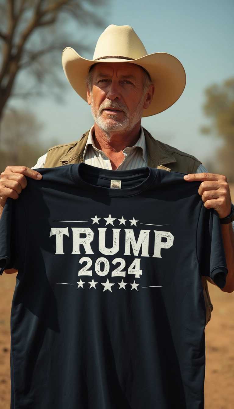 ROBERT TAYLOR (Longmire) holding up a t-shirt with the words "TRUMP 2024" on  the front