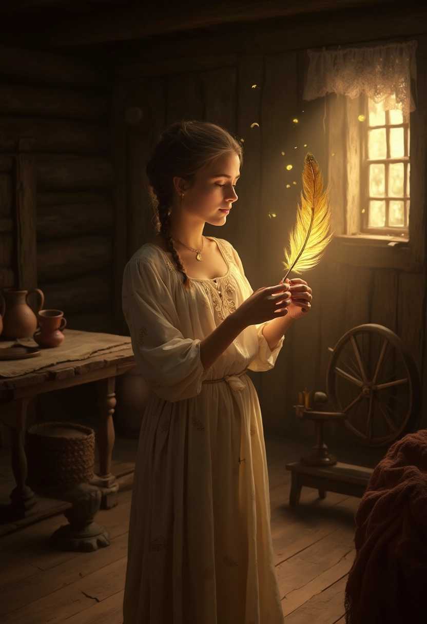A dimly lit rustic room with wooden walls and rough-hewn furniture, typical of a traditional Russian peasant household. A young woman stands in the center, gently holding a small golden feather that emits a soft, ethereal glow, lighting up her face and hands. She wears a simple, elegant traditional Russian dress with subtle embroidery, and her hair is braided. The feather is intricately detailed, shimmering with gold and iridescent hues, appearing almost alive. The room is filled with simple objects like a wooden table, a clay jug, woven baskets, and a spinning wheel in the corner. A small window with a lace curtain lets in a golden beam of light, illuminating floating dust particles. The color palette is warm and earthy, with shades of brown, gold, and ochre, creating a mood of quiet wonder and the beginning of an adventure.