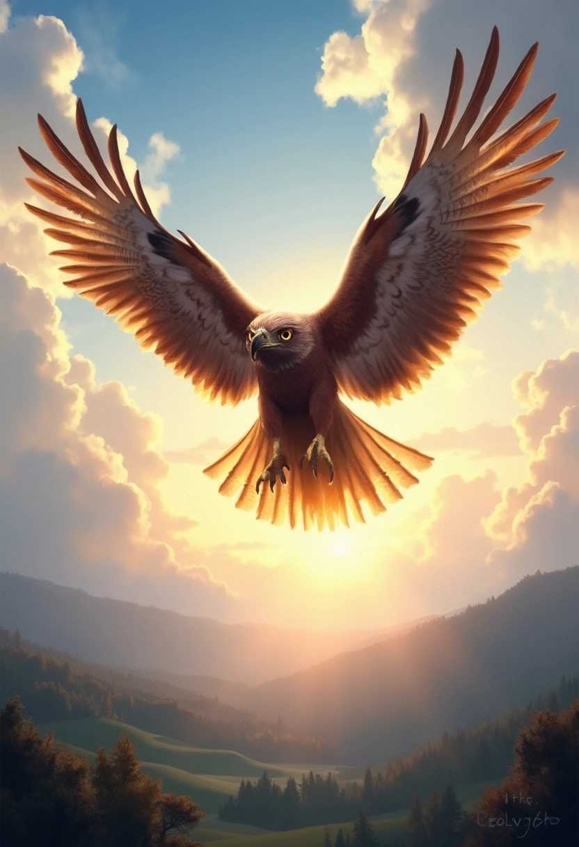 A vivid, dynamic scene of a majestic falcon soaring through the sky, embodying the character of Finiest. The falcon is large, with powerful wings spread wide, each feather meticulously detailed with shades of deep brown, gold, and hints of iridescence. The bird’s eyes are sharp and focused, glowing with intelligence and a hint of magic. The background features a vast, open sky with soft, swirling clouds in shades of blue, white, and pink, suggesting either dawn or dusk. Below, the landscape hints at rolling hills and a dense forest, fading into the distance. The falcon is the clear focal point, bathed in warm light from the sun, which is either rising or setting, casting a golden hue across the scene. The overall mood is one of freedom, strength, and the mystical connection between the falcon and the magical world."

This prompt should effectively convey the powerful and magical essence of Finiest in his falcon form, soaring through a beautifully lit sky.