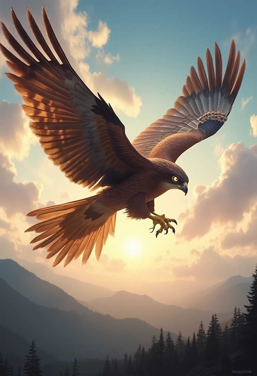 A vivid, dynamic scene of a majestic falcon soaring through the sky, embodying the character of Finiest. The falcon is large, with powerful wings spread wide, each feather meticulously detailed with shades of deep brown, gold, and hints of iridescence. The bird’s eyes are sharp and focused, glowing with intelligence and a hint of magic. The background features a vast, open sky with soft, swirling clouds in shades of blue, white, and pink, suggesting either dawn or dusk. Below, the landscape hints at rolling hills and a dense forest, fading into the distance. The falcon is the clear focal point, bathed in warm light from the sun, which is either rising or setting, casting a golden hue across the scene. The overall mood is one of freedom, strength, and the mystical connection between the falcon and the magical world."

This prompt should effectively convey the powerful and magical essence of Finiest in his falcon form, soaring through a beautifully lit sky.