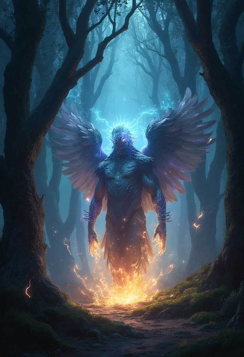 A dramatic scene where Finiest, standing in a shadowy, mystical glade, is surrounded by swirling, magical energy as he begins his transformation into a falcon. His body is partially human and partially avian, with feathers sprouting from his arms and his eyes glowing with an otherworldly light. The background is filled with tall, dark trees that seem to lean in towards the center of the scene, their branches twisting and turning with the same energy that surrounds Finiest. The ground is covered in soft moss, and small, glowing orbs of light float in the air, enhancing the mystical atmosphere. The color palette is a mix of deep blues, purples, and golds, with bright, magical light emanating from Finiest. The overall mood is one of powerful transformation and the merging of human and magical elements.