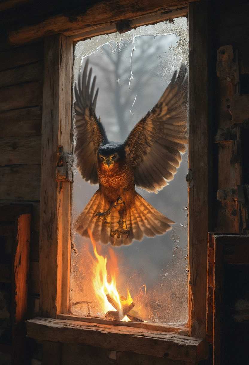 A dramatic scene where a powerful falcon, with wings fully outstretched, hovers just outside a closed wooden-framed window. The falcon, with its sharp beak and piercing eyes, looks determined, as if trying to break through the barrier. Its feathers are richly detailed in deep browns and golds, catching the light of the setting sun outside. The window is slightly fogged, with intricate frost patterns on the edges, hinting at the coolness outside. Inside the room, a soft, warm light emanates from a flickering fire, casting shadows on the wooden walls and simple, rustic furniture. The contrast between the falcon’s wild energy and the calm, cozy interior creates a sense of urgency and tension. The glass of the window slightly bows under the force of the falcon’s wings, while small cracks begin to form, suggesting the imminent breaking of the barrier. The atmosphere is filled with suspense, as the viewer anticipates whether the falcon will succeed in entering the room