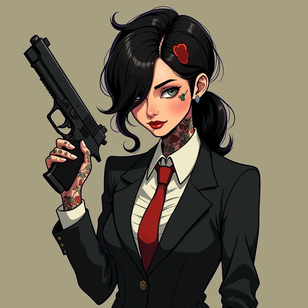 handsome girl in a suit covered with bold tattoos and holding a pistol. Animatrix illustration style, fantasy style, natural photo cinematic