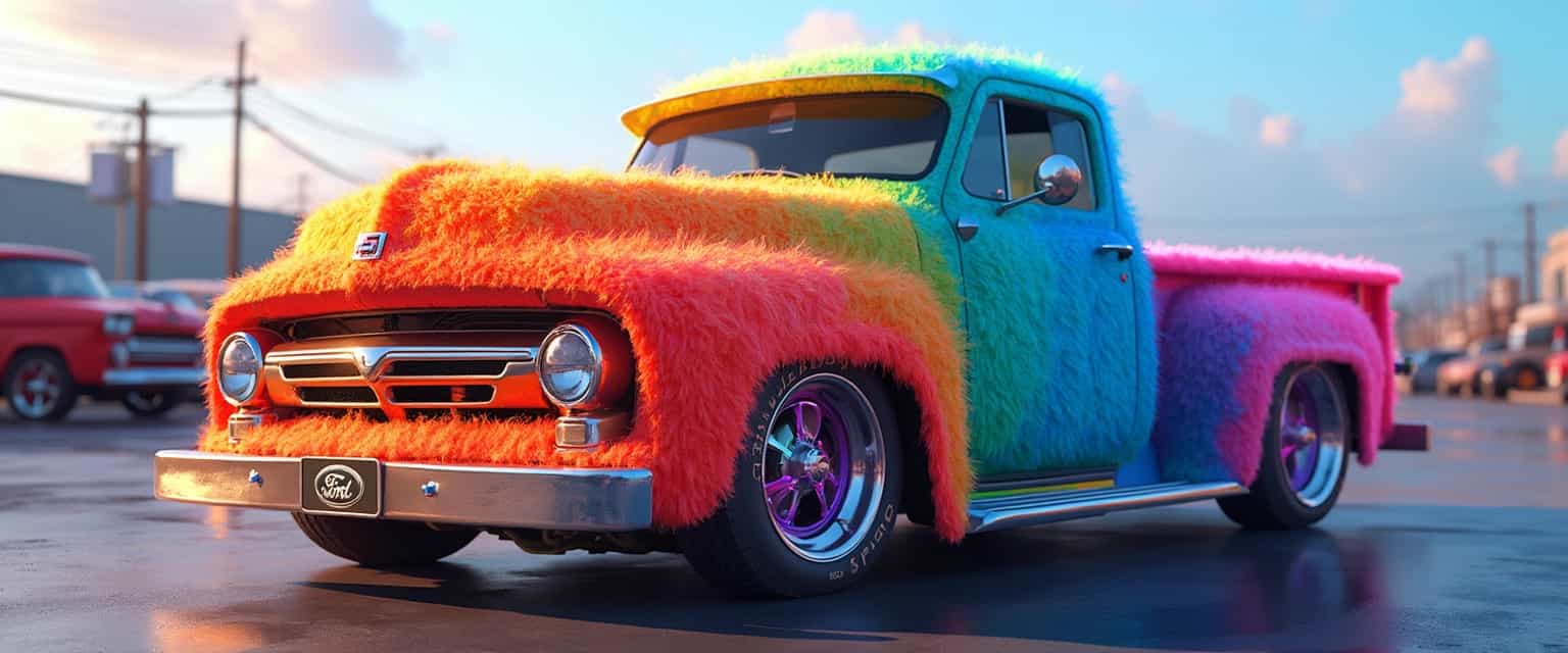 cgi image of a ford F-160 pickup covered in fluffy fur in a rainbow color, background parking lot. Tinted windows, and neon rainbow rims. Background ford dealership. "FORD" sign in the background. On the truck a small logo "Taylor Swift Edition"
