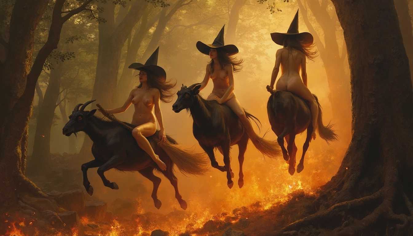 totally naked Witches in the nude on brooms and black goats flying over a forest fire by Luis Ricardo Falero