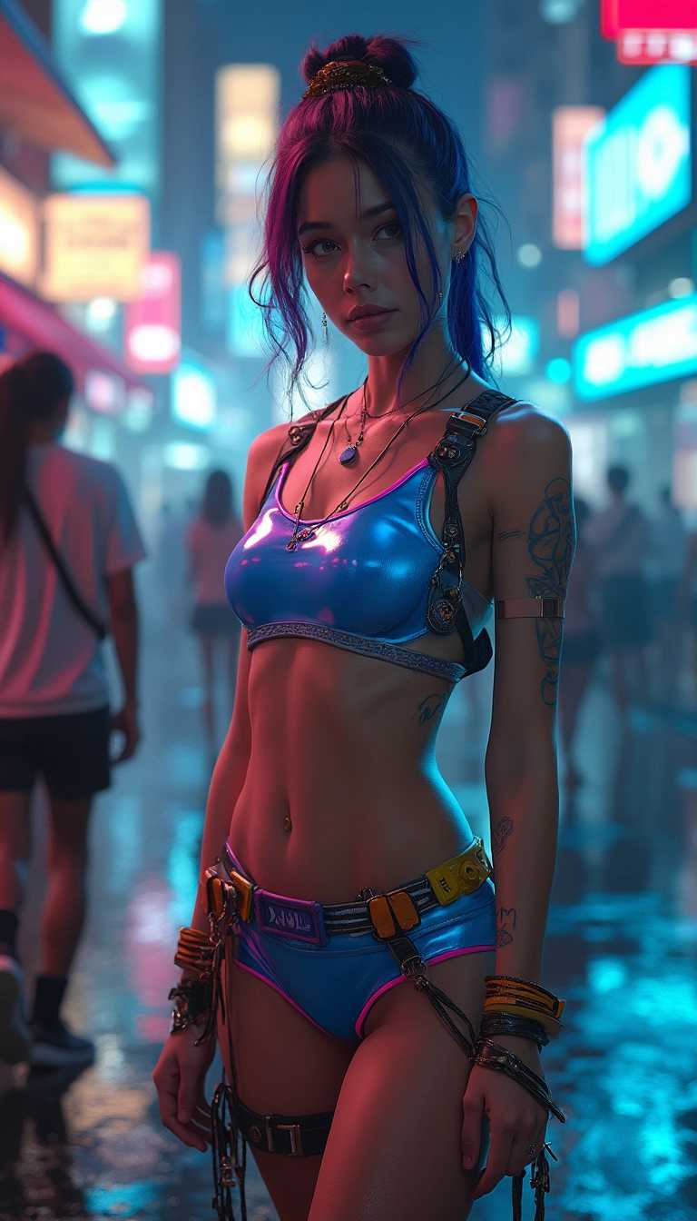 This is a photography image that features a person in a futuristic setting. The photo realistic style is highly stylized with a cyberpunk influence, evident in the neon lights, the urban nighttime atmosphere, and the overall sleek, modern design elements. The medium appears to be a photo, given the smooth blending of colors and the lack of texture that one might find in traditional painting mediums. The lighting and shadows are expertly rendered, creating a sense of depth and realism.The colors are vibrant and bold, with a predominance of blues, purples, and pinks, which are typical of cyberpunk aesthetics. The metallic sheen on the clothing adds a reflective quality, which contrasts with the darker, more muted tones of the background. The Filipina person is wearing a two-piece outfit with a blue and pink top and a blue bottom, which has orange and yellow straps and buckles, adding a pop of color to the ensemble, Kryptonese letter and "superman" logo tattoo on her arm, very Filipina face. standing on the street, a wet raining surface. The objects in the image include the person's clothing, which is detailed with zippers and buckles, and accessories such as wristbands and a necklace. The background is a bustling cityscape with neon signs, holographic advertisements, and reflections on the water, which suggests an indoor or underwater setting. The reflections and the wet surfaces give the impression of a lively, vibrant environment. HD, hyper-realistic, 8k