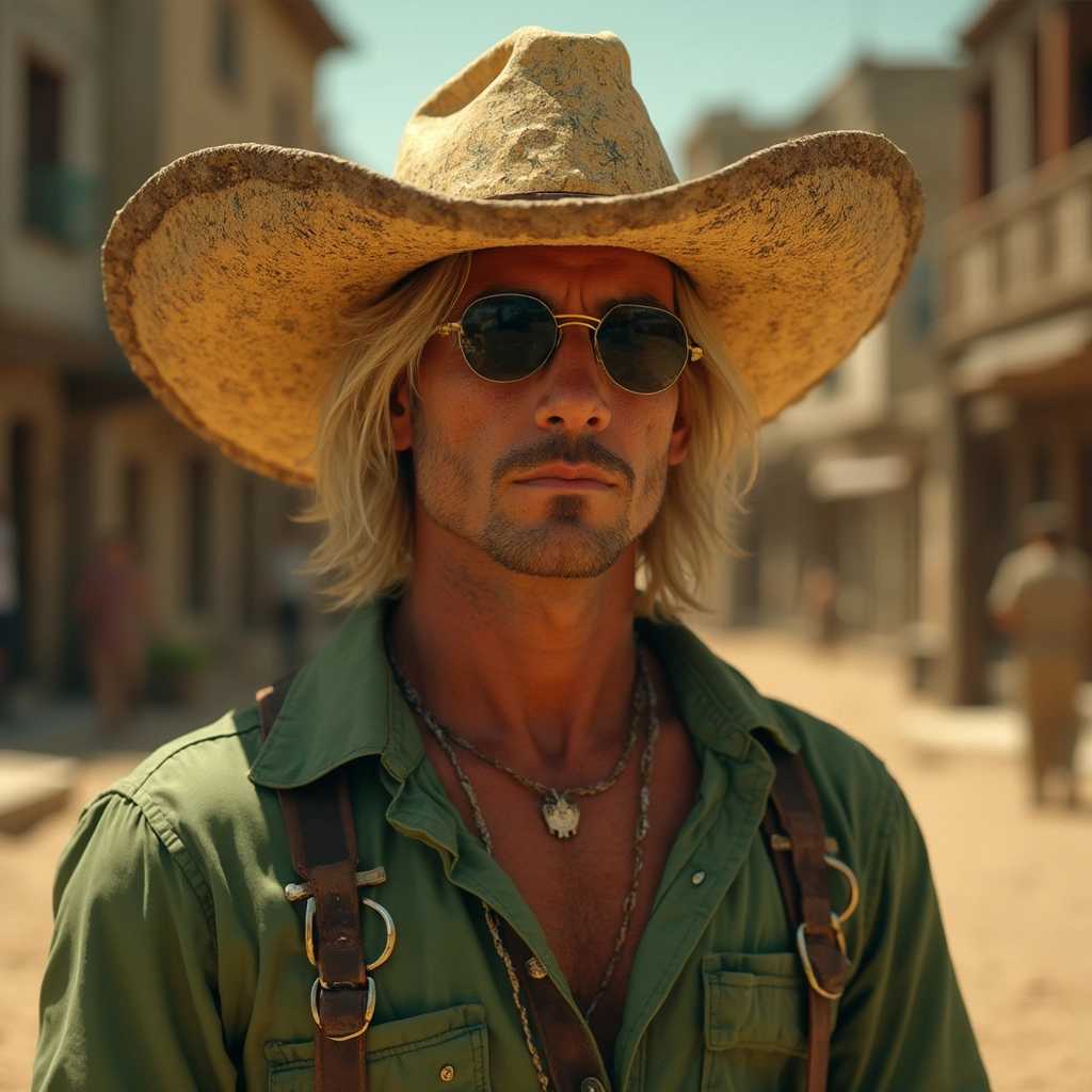 avatar blonde mexican, cowboy hat tiled forward, sunglasses, tan green shirt, Benito Juarez, hyper-realistic, hd, 8k