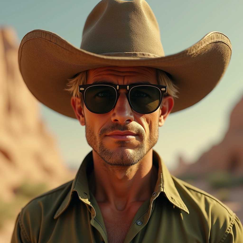 avatar short 35 years old blonde mexican, cowboy hat tiled forward, sunglasses, tan green shirt, looking at viewer, Benito Juarez, hyper-realistic, hd, 8k, photography 