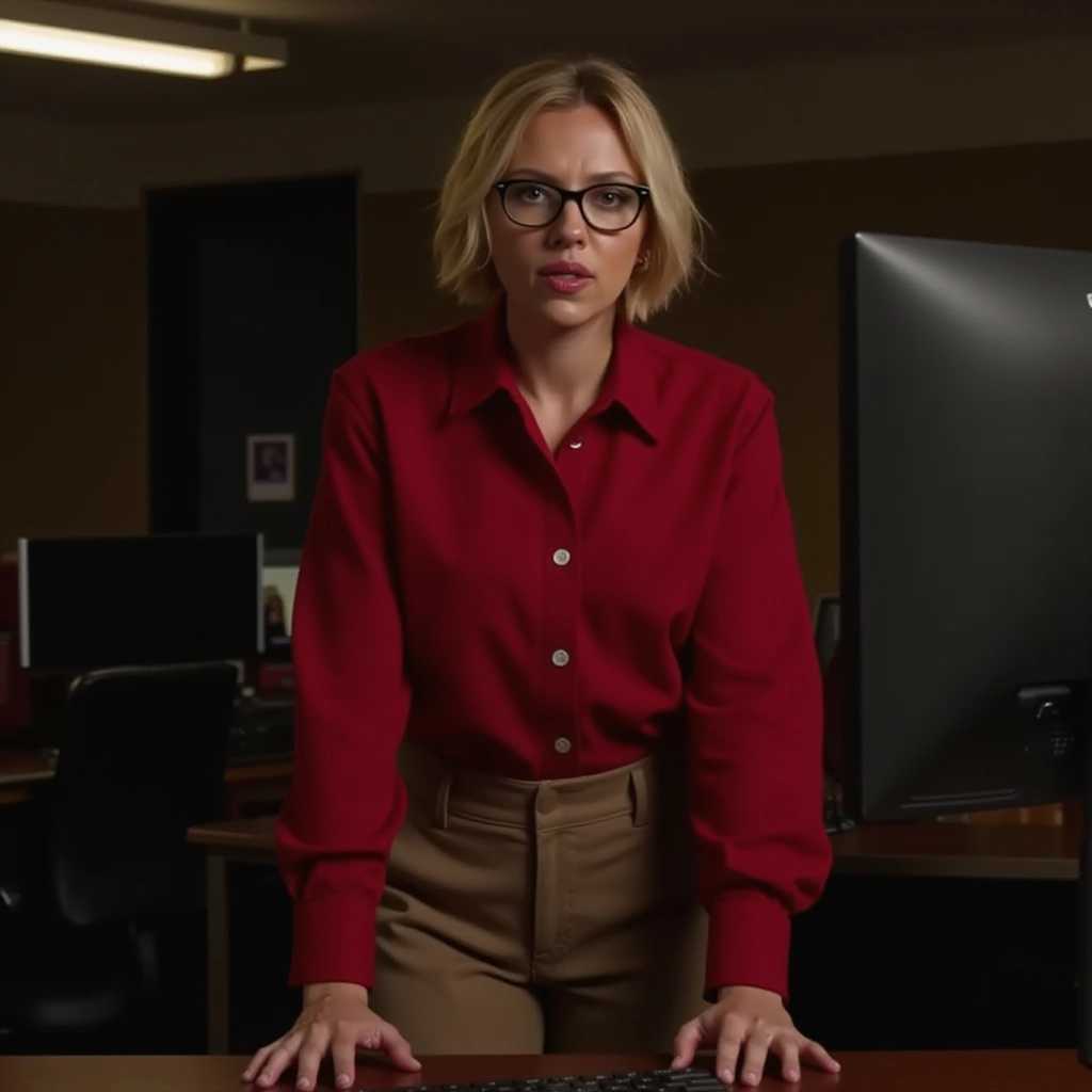 Scarlett Johansson wearing a red button-up shirt and brown slacks, she should be wearing eyeglasses, she should be looking frumpy in front of a computer in a dimly lit room