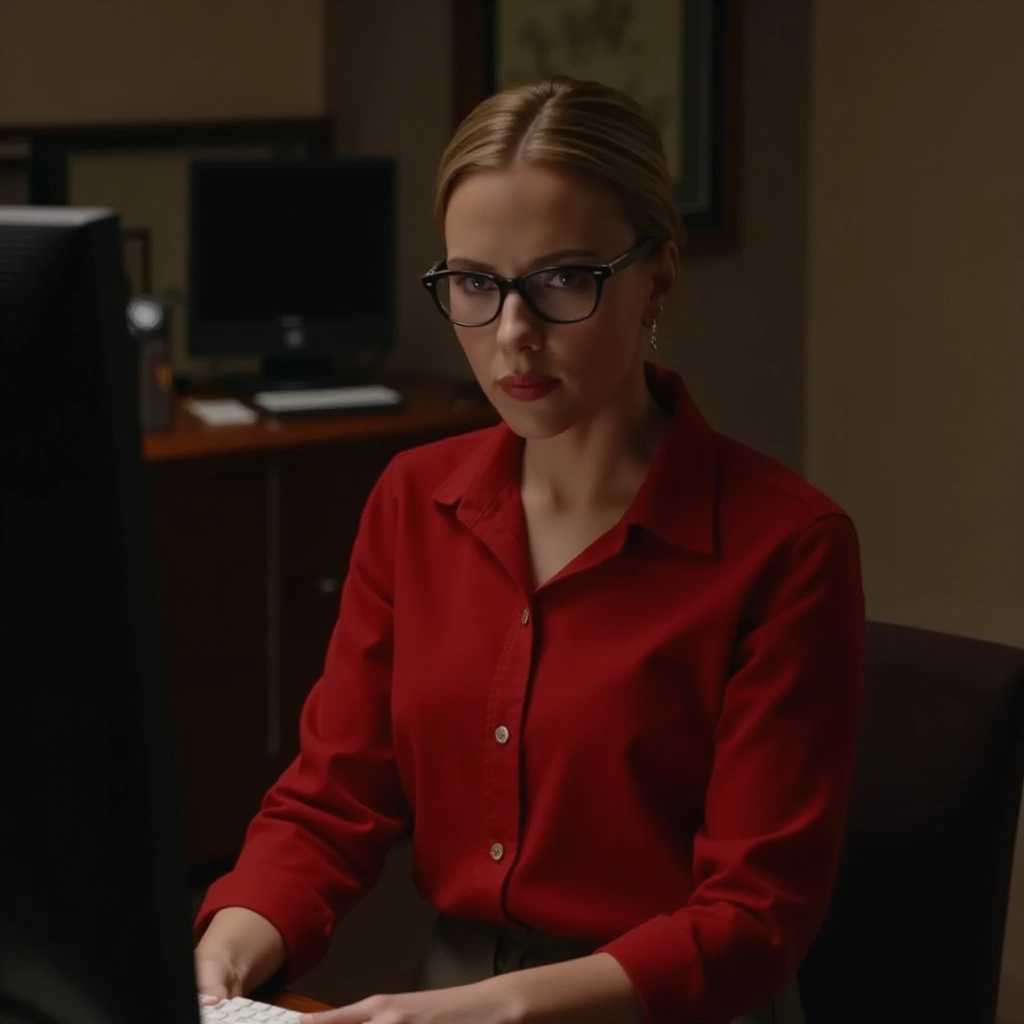 Scarlett Johansson wearing a red button-up shirt and brown slacks, she should be wearing eyeglasses, she should be looking frumpy in front of a computer in a dimly lit room