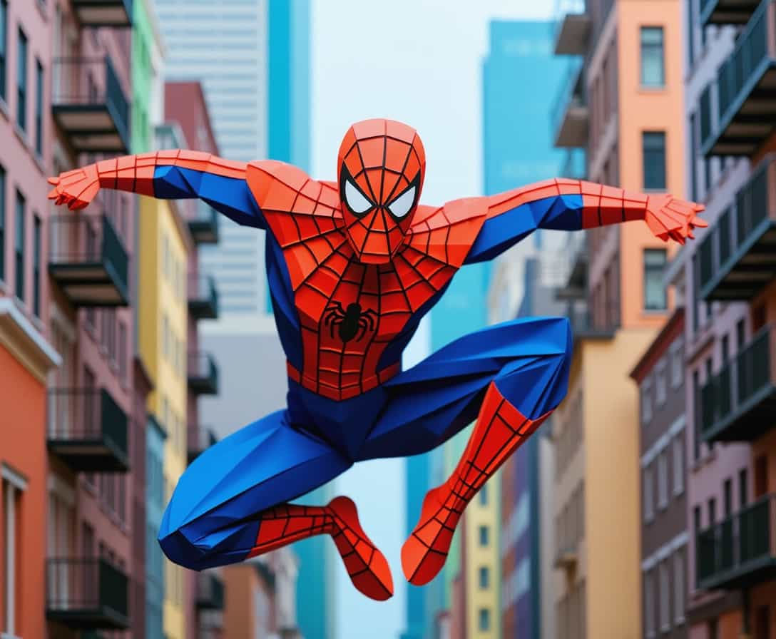 Paper Cutout Style of Spider-Man swinging through New York City