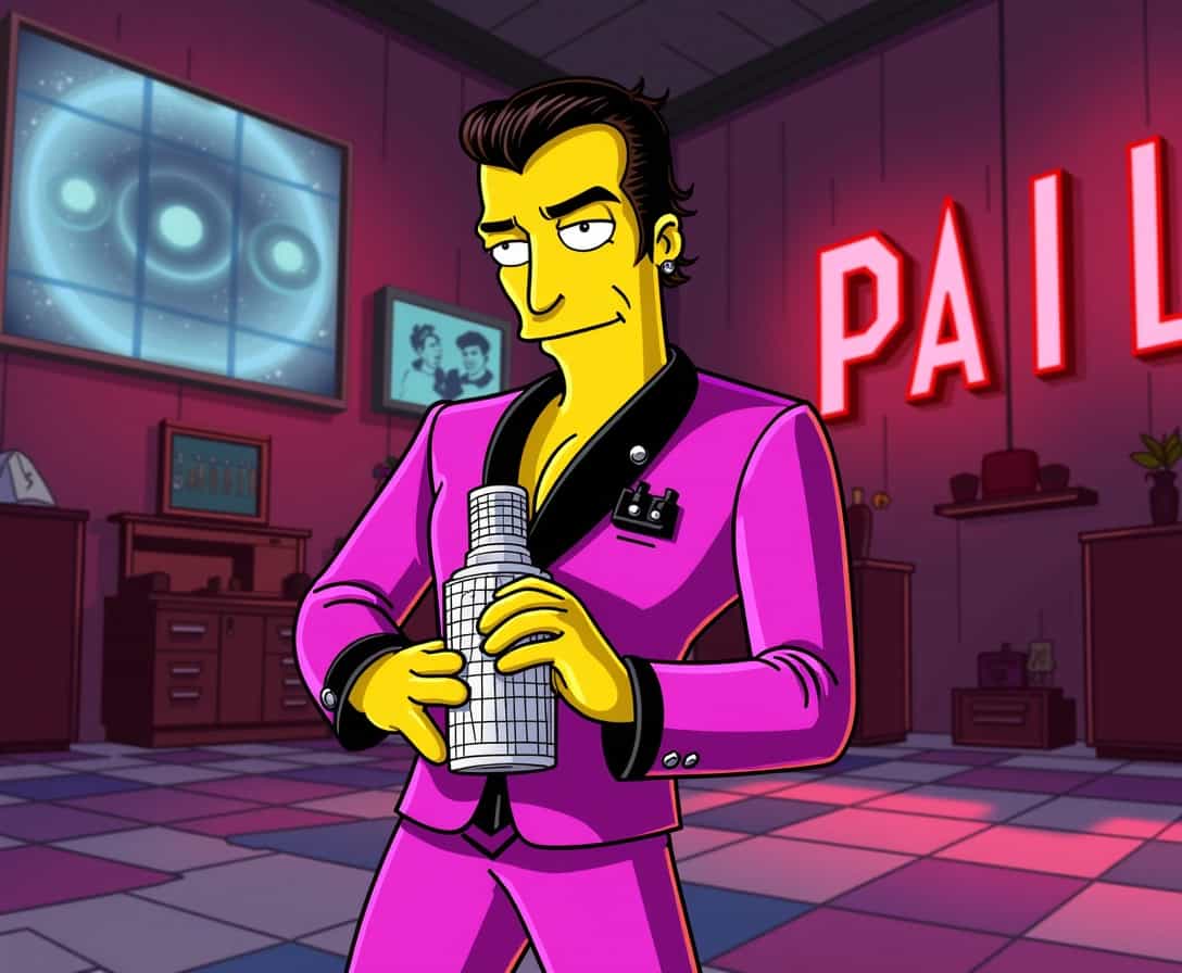 Simpsons style of an image of John Travolta in disco clothing, setting disco room