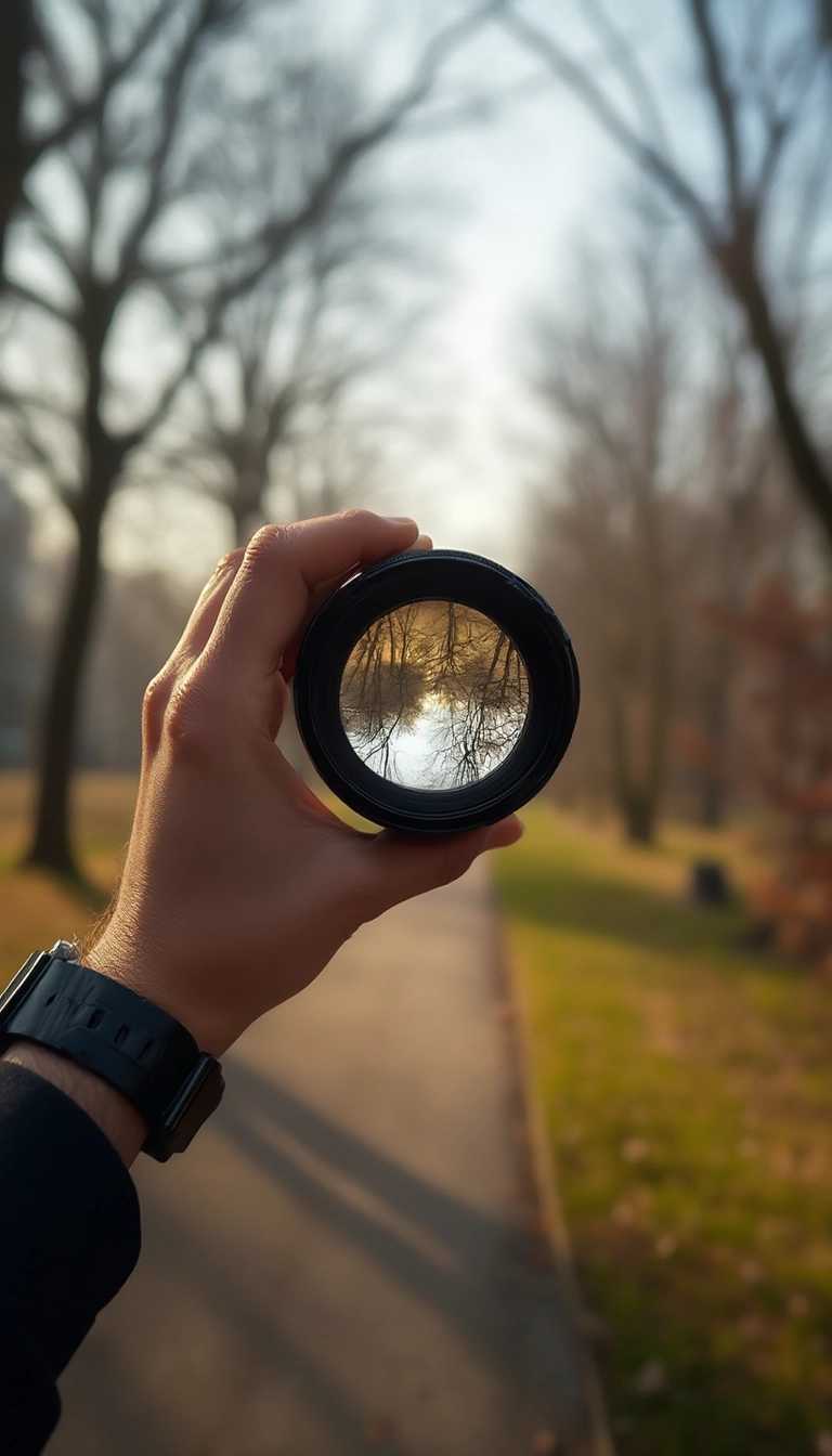 Capture the essence of this moment through the lens of a Canon EF 50mm f1.4 lens. The scene is set in a serene park with a soft, golden light that suggests it might be early morning or late afternoon. The foreground is dominated by the hand of a photographer, adorned with a sleek black watch, carefully holding the lens up to their eye. The lenss glass elements catch the light, reflecting the tranquil park landscape that lies beyond. The trees are bare, their branches etching delicate patterns against the sky, while the grass is a tapestry of autumnal hues. The reflection in the lens shows a path meandering through the park, inviting onlookers to imagine the quiet sounds and peaceful solitude that accompany such a setting. The atmosphere is calm, contemplative, and full of potential for storytelling through the lens. The Canon EF 50mm f1.4 lens promises to render the scene with sharp clarity and a shallow depth of field, focusing the viewers attention on the intricate details and the harmonious interplay of light and shadow. This is a moment waiting to be captured, a snapshot of stillness and beauty, frozen in time.