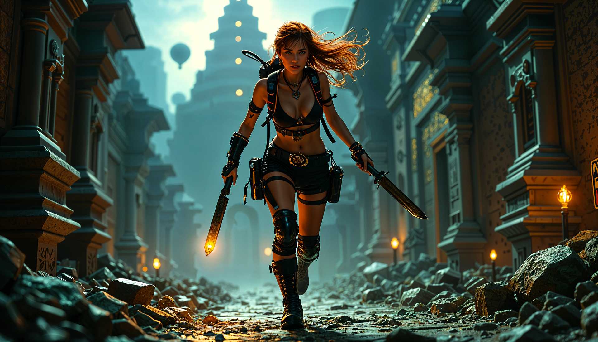 Redhead warrior woman in a post-apocalyptic cityscape.