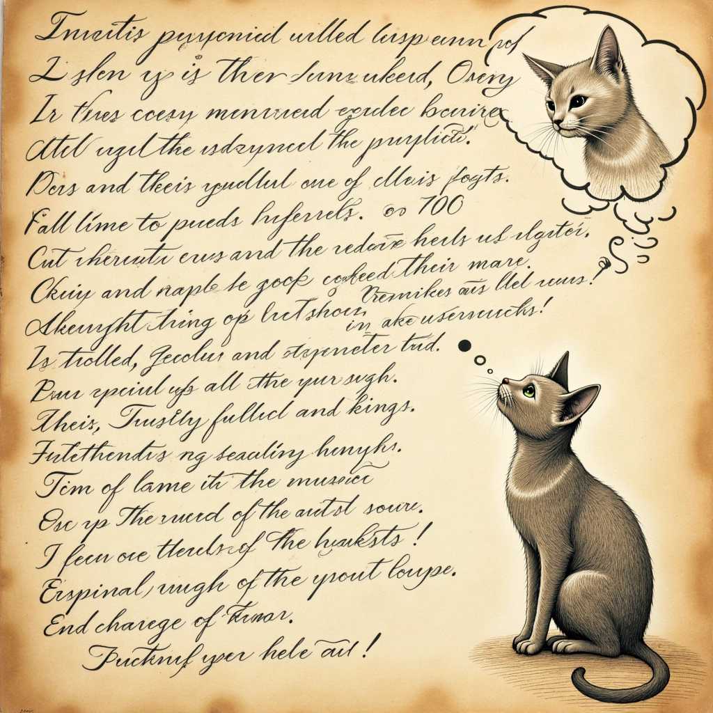 TOK note of scribbled thoughts and a cat in the upper right corner of the parchment paper