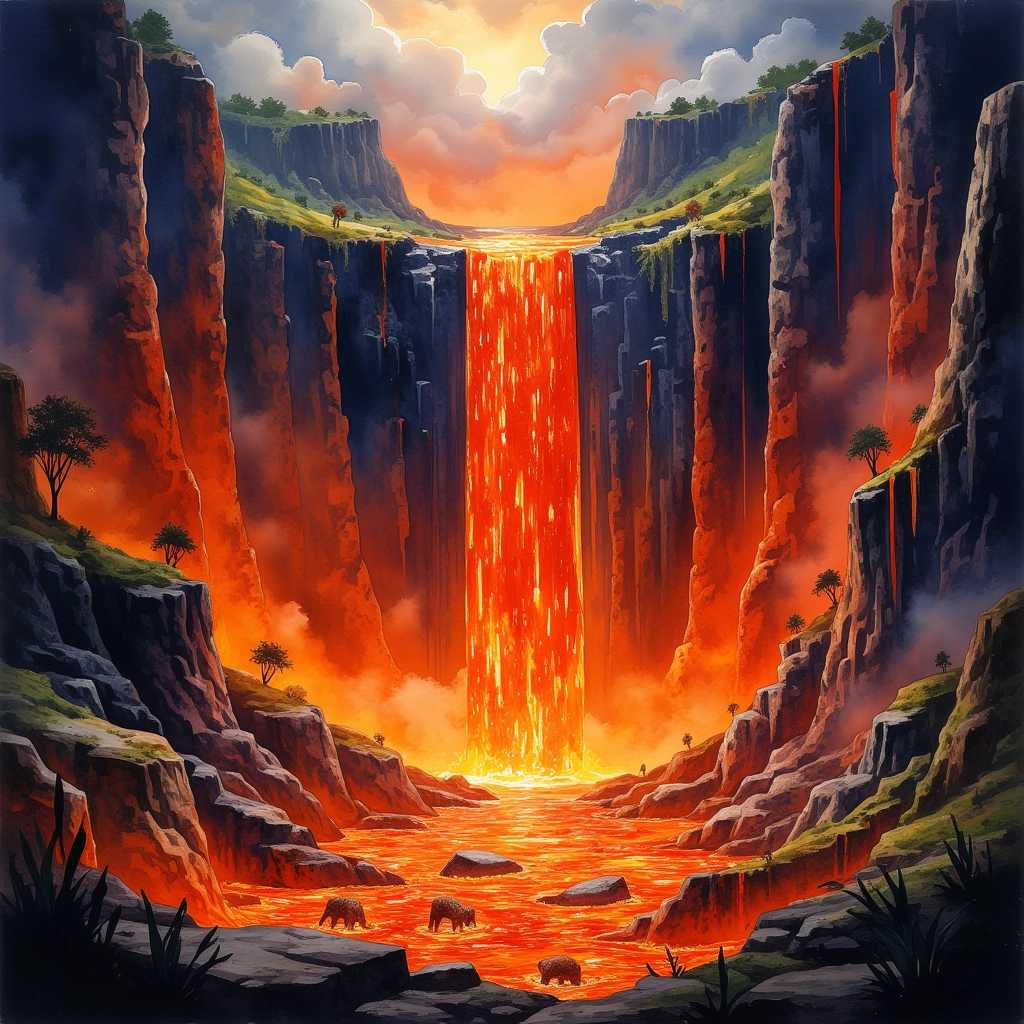 AQUACOLTOK painting of a scenic lava waterfall with little demons playing in the lava pit
