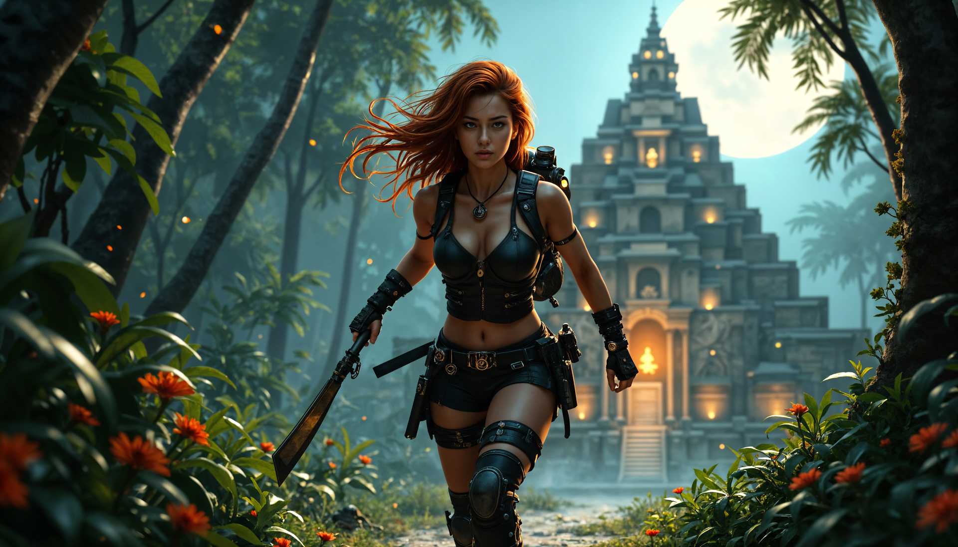 Redhead Amazon Warrior in a Jungle Temple at Twilight