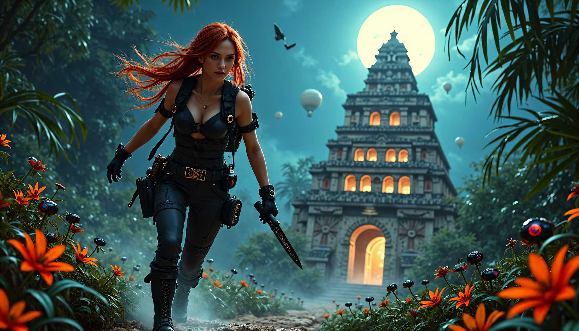 Redhead Warrior in a Magical Jungle at Twilight