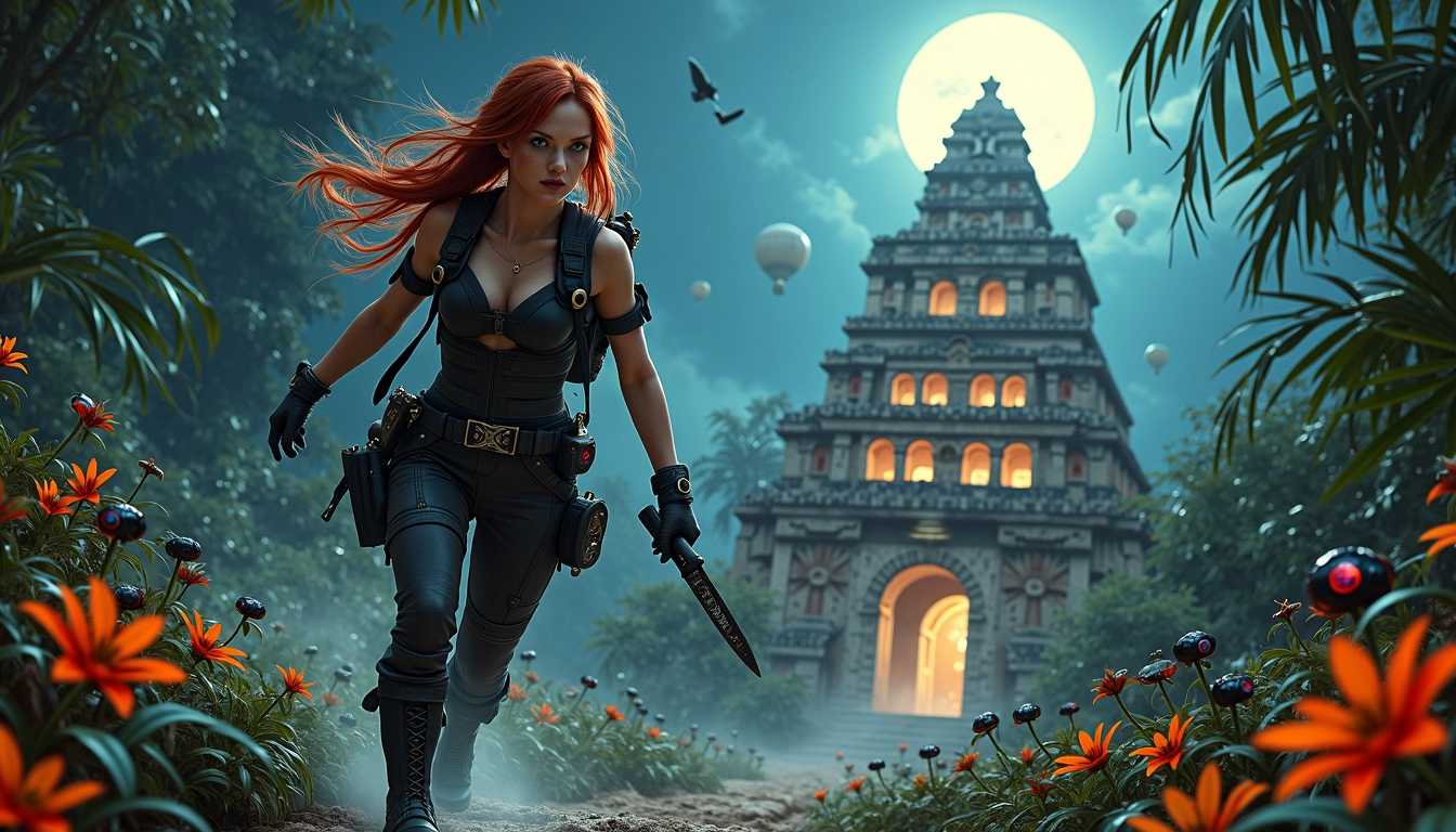 Redhead Warrior in a Magical Jungle at Twilight