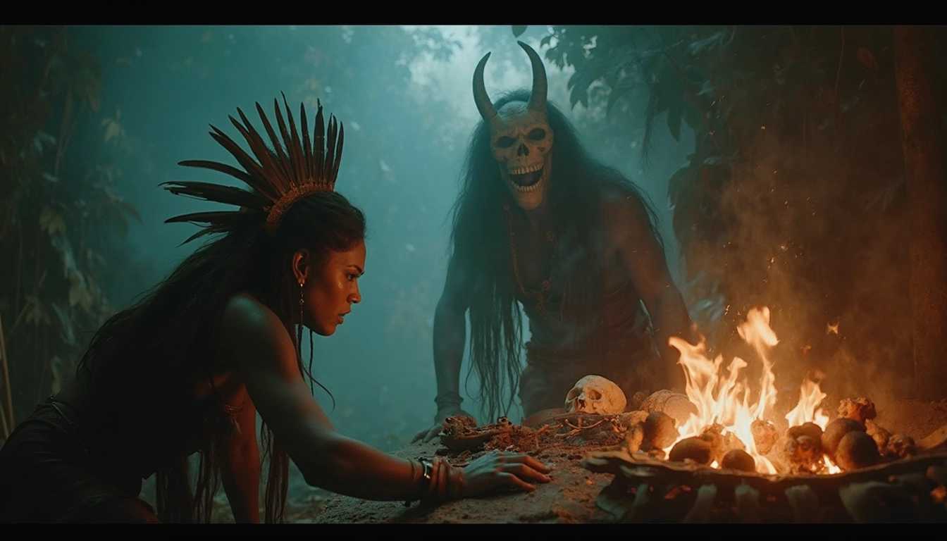 Still image from a horror movie depicting a ritual scene, where a tribal woman is engaged in a dark ceremony, bent over an altar with occult symbols, feathered headdresses, set against a backdrop of a large ominous misty skull demon and fiery light, capturing an intense and suspenseful dark atmosphere.