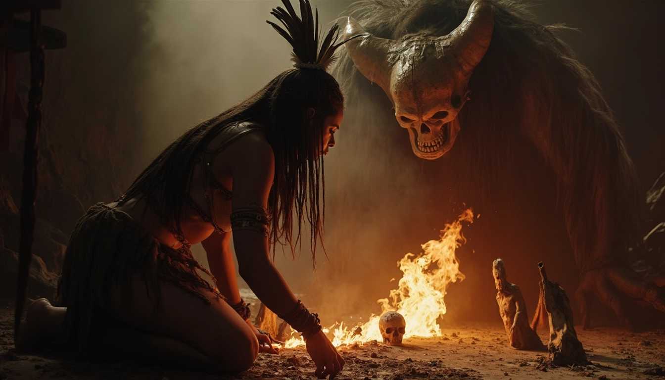 Still image from a horror movie depicting a ritual scene, where a tribal woman is engaged in a dark ceremony, bent over an altar with occult symbols, feathered headdresses, set against a backdrop of a large ominous misty skull demon and fiery light, capturing an intense and suspenseful dark atmosphere.