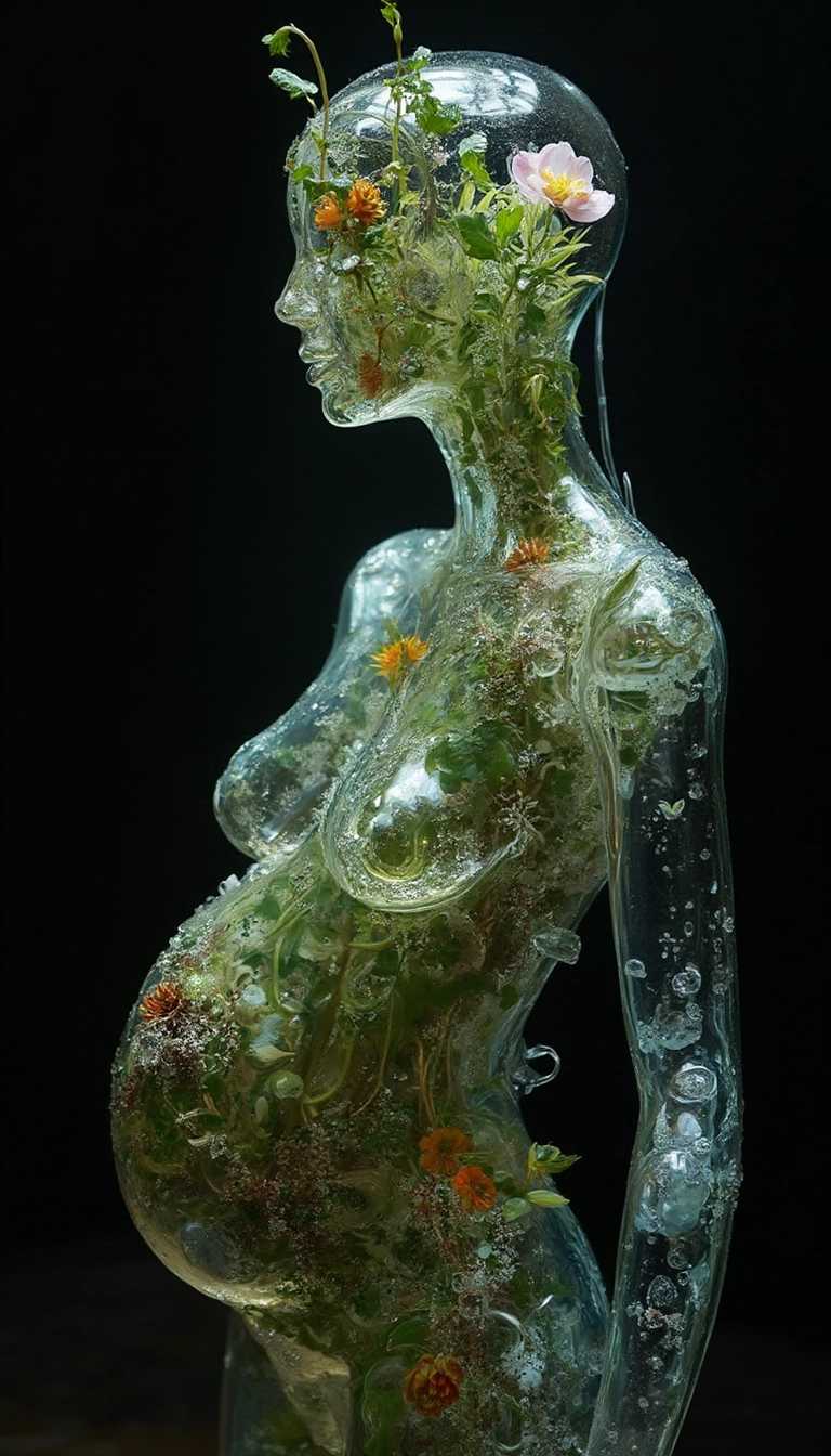 Hyper-realistic glass humanoid, transparent body fill with plants. Studio setting, dramatic chiaroscuro lighting. Reflective surfaces capture light, refracting within the body. Evokes themes of maternal instinct.