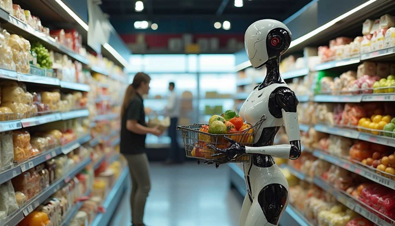 A sleek gynoid shopping in a brightly lit grocery store. The gynoid, with a smooth metallic exterior and elegantly designed features, moves gracefully through the aisles, selecting various items with precision. The grocery store is modern and well-organized, with shelves stocked full of fresh produce, packaged goods, and everyday necessities. The scene is vibrant and lively, with other shoppers casually going about their routines. The gynoid’s expressionless face contrasts with the human activity around her, but she blends seamlessly into the setting, performing her task with quiet efficiency and a sense of purpose.
