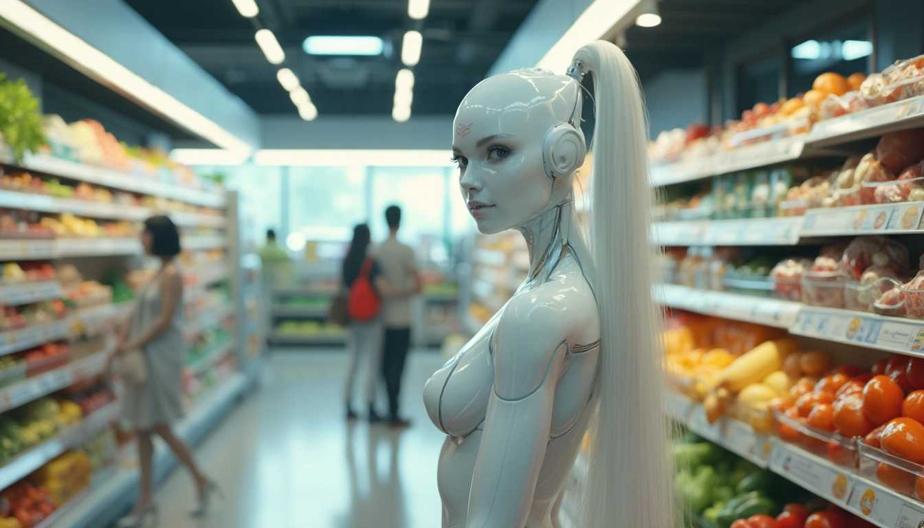 A sleek erotic gynoid with very long white nylon ponytail attached, shopping in a brightly lit grocery store. The gynoid, with a smooth translucent plastic exterior and elegantly designed features, moves gracefully through the aisles, selecting various items with precision. she looks at the camera with her sexy artificial eyes, The grocery store is modern and well-organized, with shelves stocked full of fresh produce, packaged goods, and everyday necessities. The scene is vibrant and lively, with other shoppers casually going about their routines. she blends seamlessly into the setting, performing her task with quiet efficiency and a sense of purpose.
