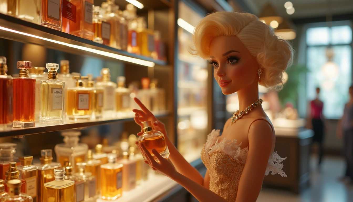 A Barbie doll resembling Marilyn Monroe, with the elegance and glamour of the iconic actress, shopping for perfume in a chic, upscale boutique. The doll has a classic Hollywood style, with platinum blonde curls and a vintage outfit, reminiscent of Monroe’s famous looks. She delicately holds a bottle of perfume, contemplating her choice with a playful, coquettish smile. The boutique is stylishly decorated, with shelves lined with luxurious perfume bottles in ornate packaging. Soft lighting casts a warm, inviting glow over the scene, highlighting the doll's timeless beauty as she enjoys this moment of refined indulgence.