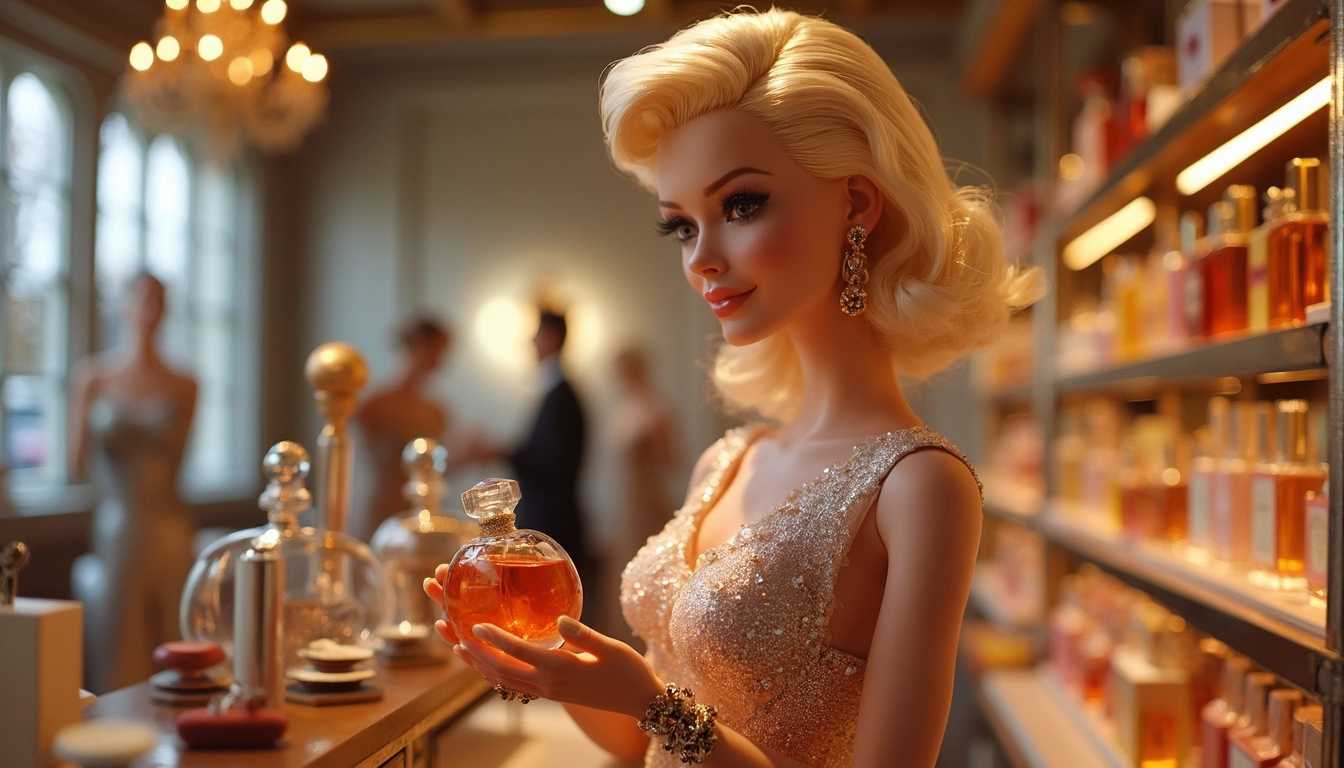 A Barbie doll resembling Marilyn Monroe, with the elegance and glamour of the iconic actress, shopping for perfume in a chic, upscale boutique. The doll has a classic Hollywood style, with platinum blonde curls and a vintage outfit, reminiscent of Monroe’s famous looks. She delicately holds a bottle of perfume, contemplating her choice with a playful, coquettish smile. The boutique is stylishly decorated, with shelves lined with luxurious perfume bottles in ornate packaging. Soft lighting casts a warm, inviting glow over the scene, highlighting the doll's timeless beauty as she enjoys this moment of refined indulgence.