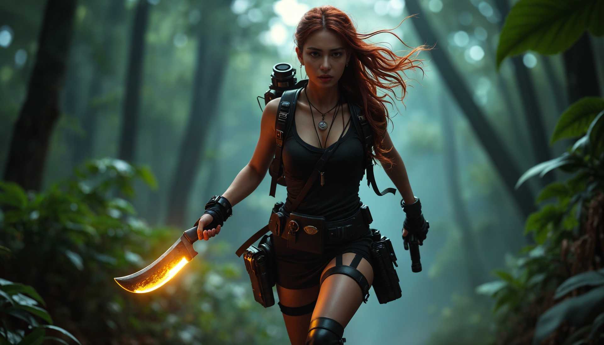Adventurous Woman with Curved Blade in a Mysterious Forest