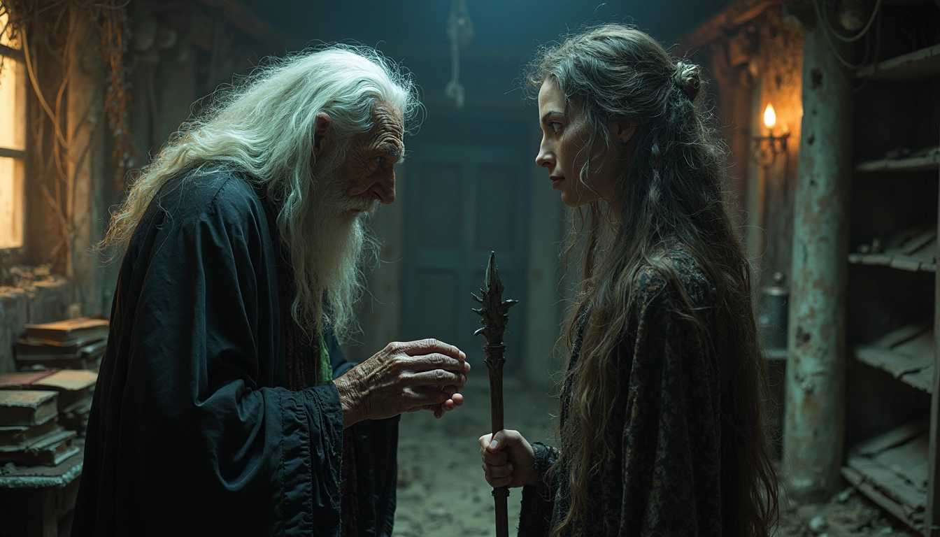A scary old witch and a young beautiful witch doing horrible things in a derelict old witch house. The old witch, with a hunched back, wrinkled skin, and tangled white hair, exudes an air of malevolent wisdom. Her gnarled fingers clutch a crooked staff as she leans in close, her expression full of sinister intent. The young witch, radiant with youthful beauty, has a wary but confident demeanor, her long, flowing hair contrasting with the decayed surroundings. The house itself is a crumbling relic, filled with cobwebs, dusty spell books, and broken furniture, with a dim light casting eerie shadows across the room as the two witches share their cryptic exchange.