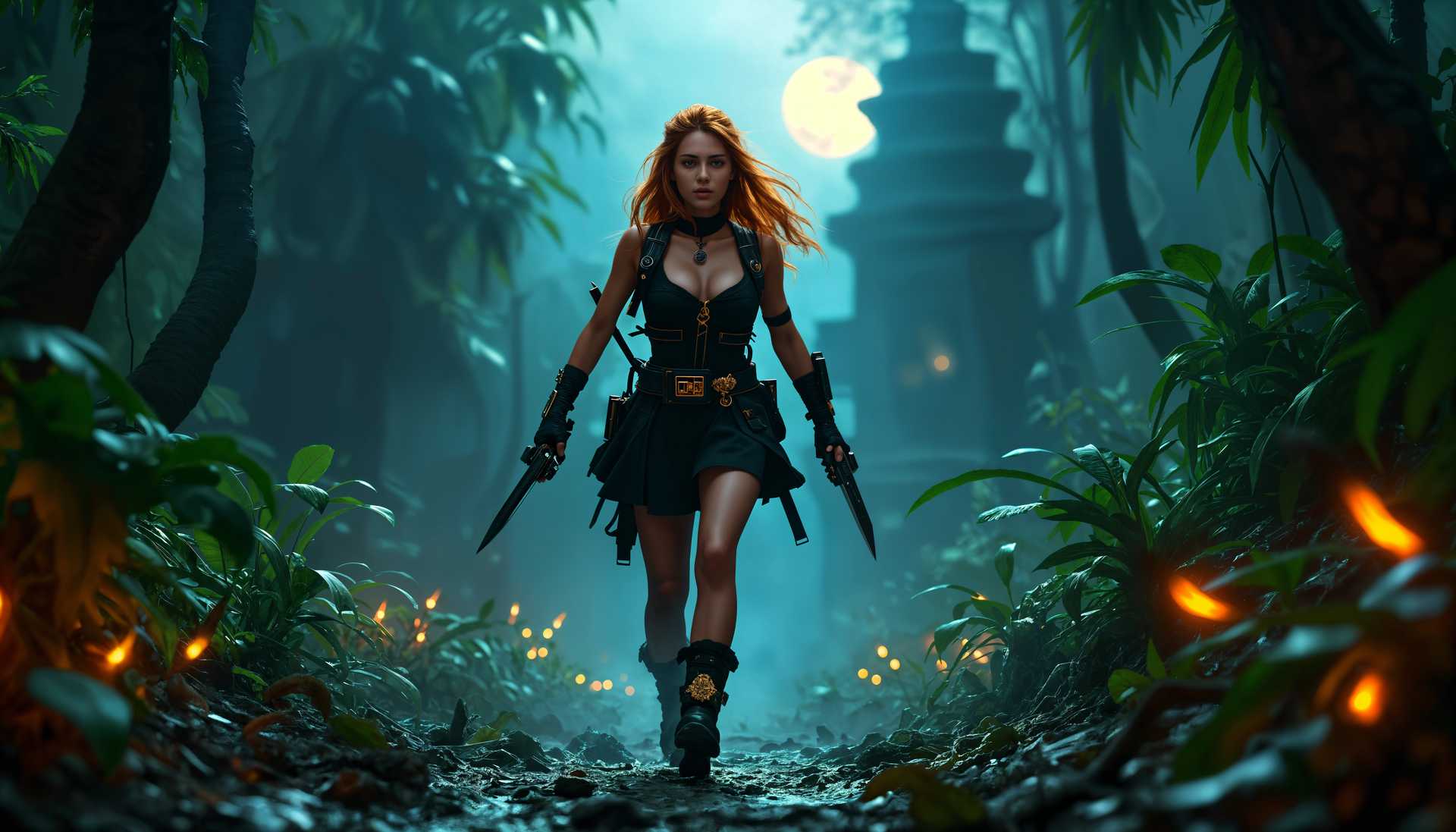 Redhead Warrior Woman in a Magical Forest at Twilight
